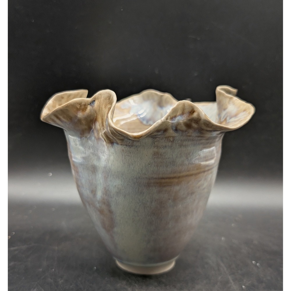 Hand Thrown Studio Pottery Ruffled Rim Vase Lavender Brown Glaze Organic Modern